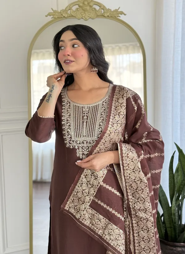 Brown_Embroidered_Kurta_Set_For_Women