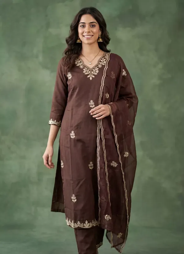 Brown_Embroidered_Kurta_Set_For_Women