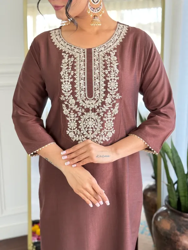 Brown_Embroidered_Straight_Kurta_Set_With_Dupatta_for_Women