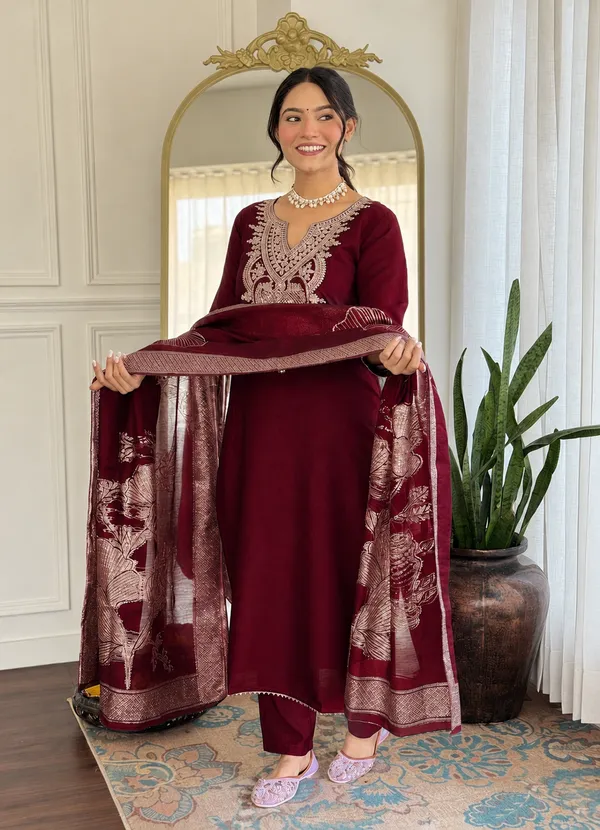 Maroon_Embroidered_Straight_Suit_Set_For_Women