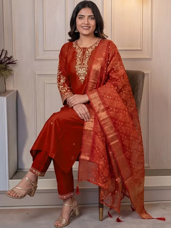 Rust_Embroidered_Straight_Kurta_Set_For_Women