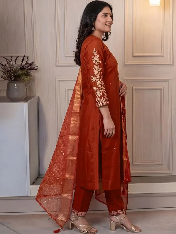 Rust_Embroidered_Straight_Kurta_Set_For_Women