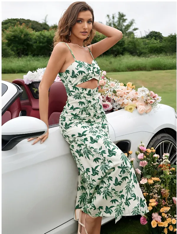 White_Green_Floral_Spaghetti_Strap_Midi_Dress_for_Women