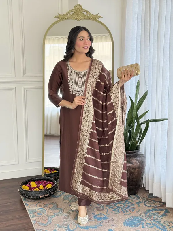 Brown_Embroidered_Kurta_Set_For_Women