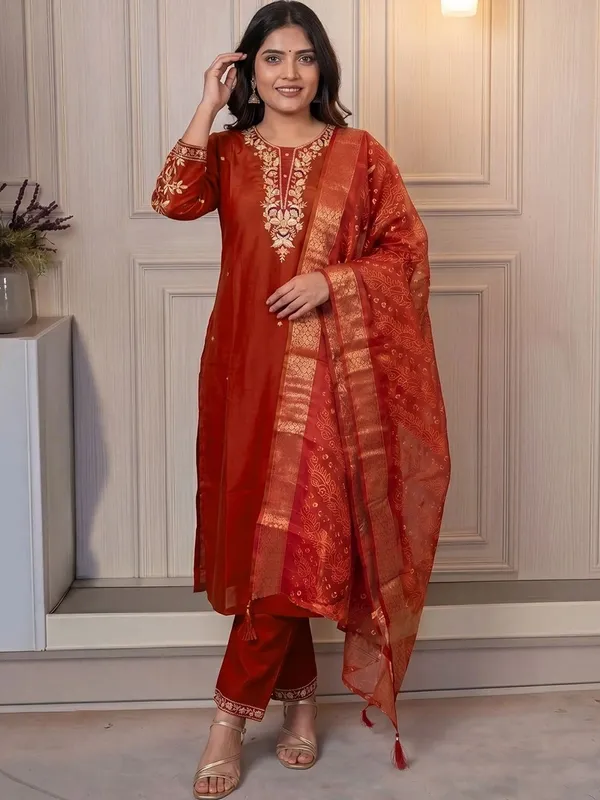 Rust_Embroidered_Straight_Kurta_Set_For_Women