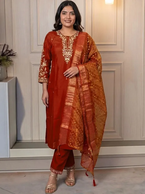 Rust_Embroidered_Straight_Kurta_Set_For_Women