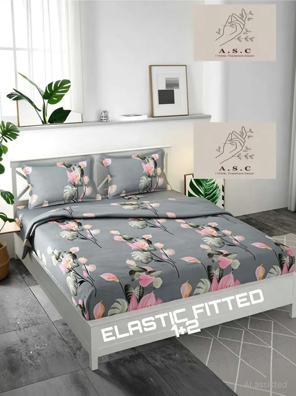 Broka_Cotton_Queen_Fitted_(Elastic)_150_Tc_Floral_1_Bedsheet_With_2_Pillow_Covers_(Grey)
