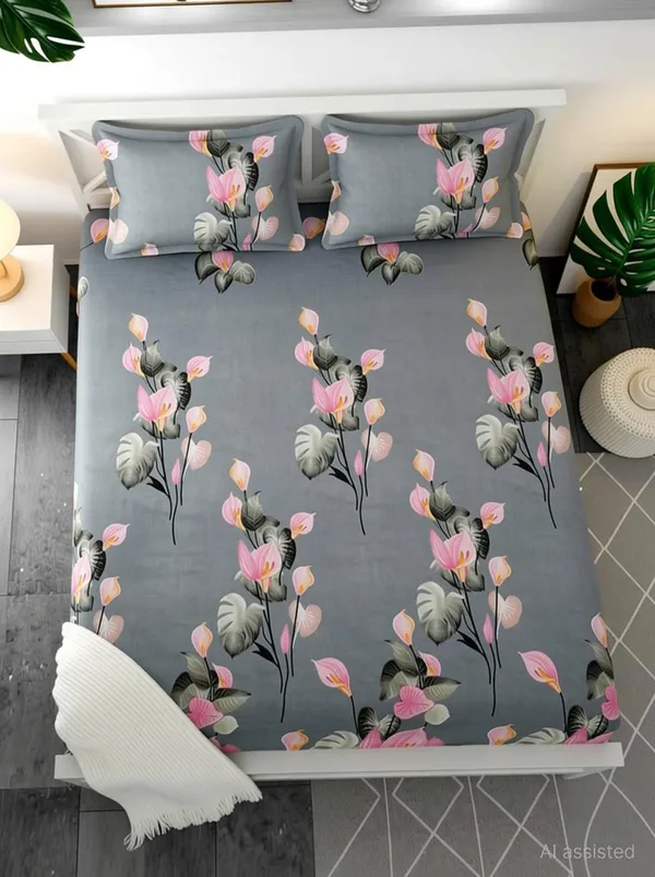 Broka_Cotton_Queen_Fitted_(Elastic)_150_Tc_Floral_1_Bedsheet_With_2_Pillow_Covers_(Grey)