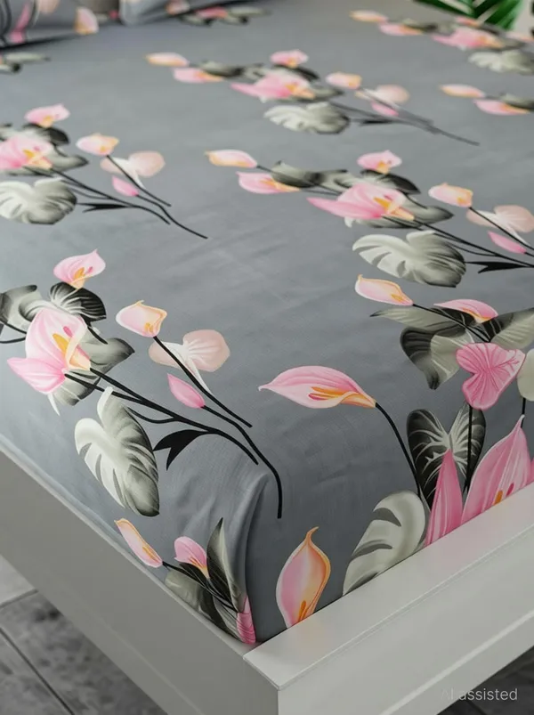 Broka_Cotton_Queen_Fitted_(Elastic)_150_Tc_Floral_1_Bedsheet_With_2_Pillow_Covers_(Grey)