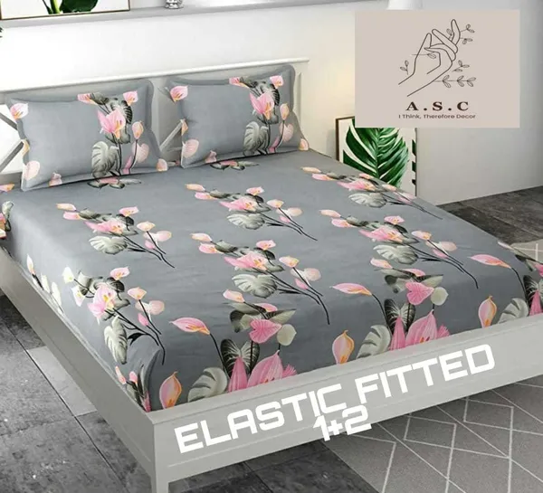 Broka_Cotton_Queen_Fitted_(Elastic)_150_Tc_Floral_1_Bedsheet_With_2_Pillow_Covers_(Grey)