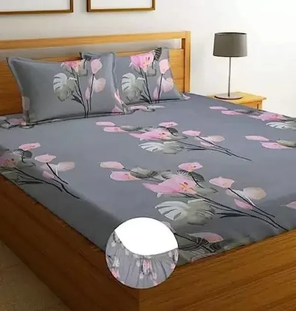 Loveguru_Microfiber_Double_Fitted_(Elastic)_240_Tc_Floral_1_Bedsheet_With_2_Pillow_Covers_(Grey)