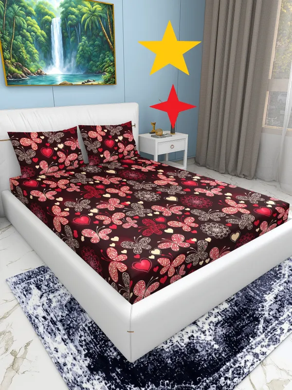 Refize_Cotton_King_Fitted_(Elastic)_244_Tc_Striped_1_Bedsheet_With_2_Pillow_Covers_(Red)