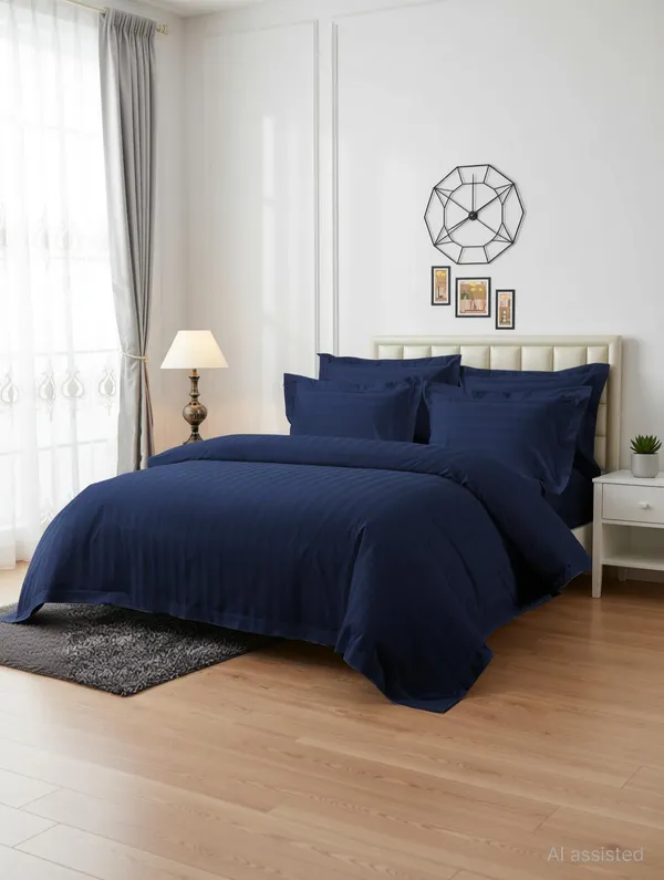 Eleganzze_Cotton_King_Flat_300_Tc_Striped_1_Bedsheet_With_2_Pillow_Covers_(Navy_Blue)