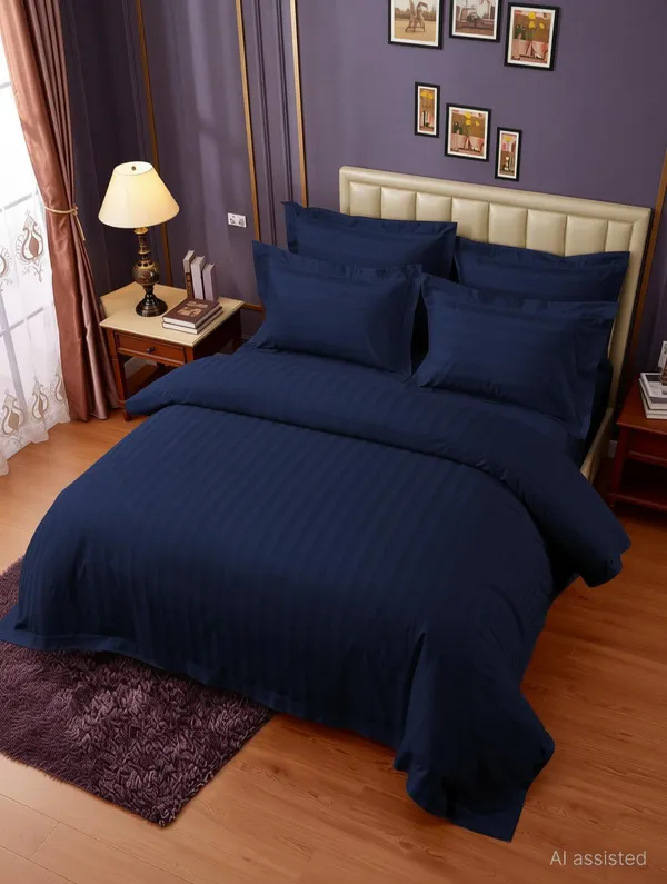 Eleganzze_Cotton_King_Flat_300_Tc_Striped_1_Bedsheet_With_2_Pillow_Covers_(Navy_Blue)
