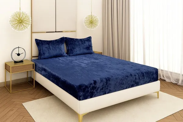 Kansal_Handloom_Velvet_King_Fitted_(Elastic)_380_Tc_Solid_1_Bedsheet_With_2_Pillow_Covers_(Blue)