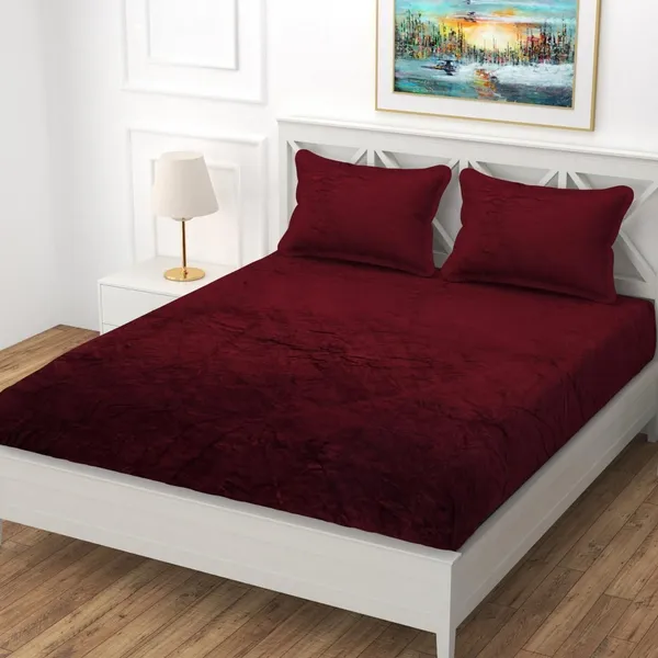 Kansal_Handloom_Velvet_King_Fitted_(Elastic)_380_Tc_Solid_1_Bedsheet_With_2_Pillow_Covers_(Red)