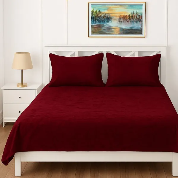 Kansal_Handloom_Velvet_King_Fitted_(Elastic)_380_Tc_Solid_1_Bedsheet_With_2_Pillow_Covers_(Red)