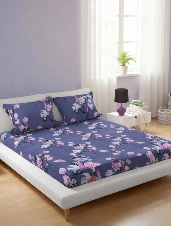 Superstorehub_Cotton_King_Fitted_(Elastic)_250_Tc_Floral_1_Bedsheet_With_2_Pillow_Covers_(Grey_Pink)