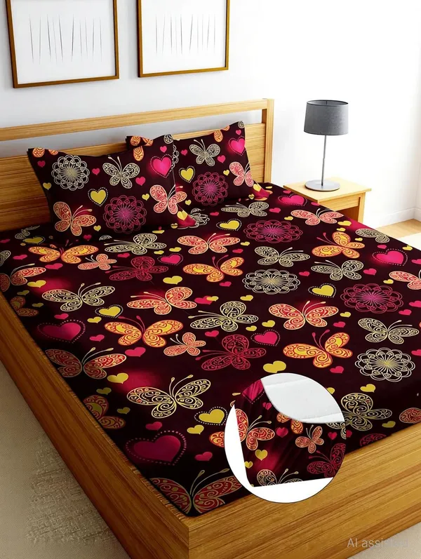 Driji_Cotton_Double_Fitted_(Elastic)_240_Tc_Printed_1_Bedsheet_(Maroon-Titli)