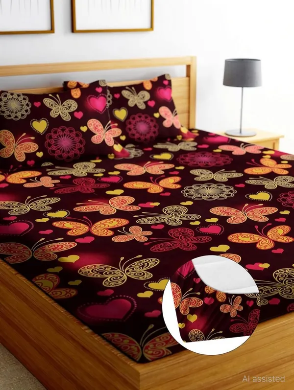 Driji_Cotton_Double_Fitted_(Elastic)_240_Tc_Printed_1_Bedsheet_(Maroon-Titli)