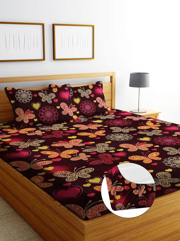 Driji_Cotton_Double_Fitted_(Elastic)_240_Tc_Printed_1_Bedsheet_(Maroon-Titli)