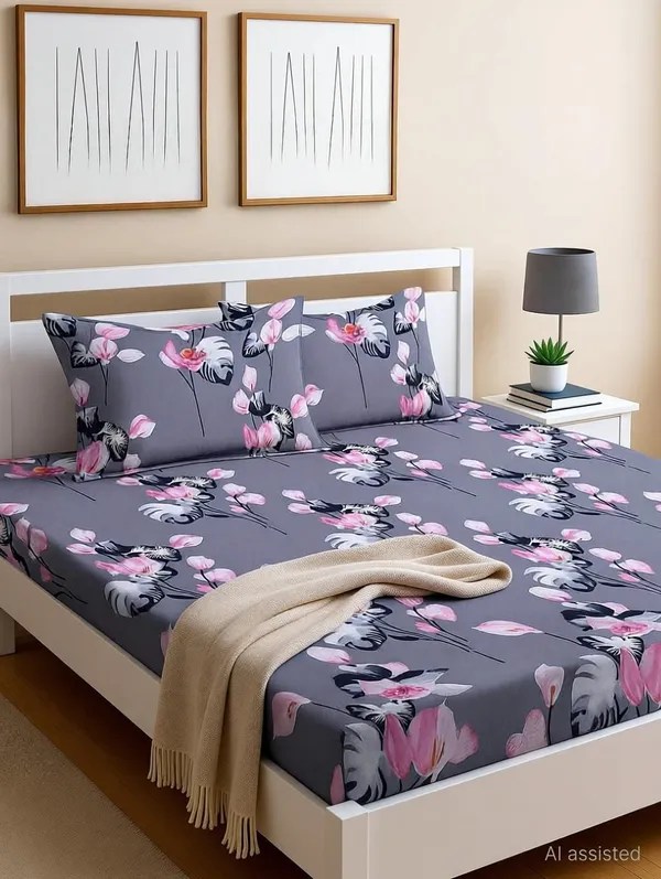Superstorehub_Cotton_Double_Fitted_(Elastic)_310_Tc_Floral_1_Bedsheet_(Grey)