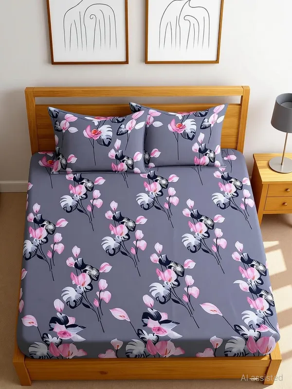 Superstorehub_Cotton_Double_Fitted_(Elastic)_310_Tc_Floral_1_Bedsheet_(Grey)
