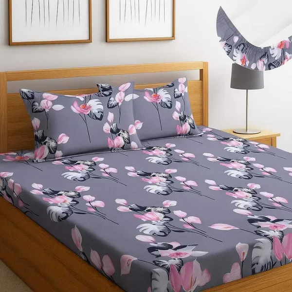 Superstorehub_Cotton_Double_Fitted_(Elastic)_310_Tc_Floral_1_Bedsheet_(Grey)