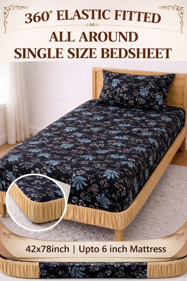 Kansal_Handloom_Cotton_Single_Fitted_(Elastic)_220_Tc_Geometric_1_Bedsheet_(Dark_Blue)