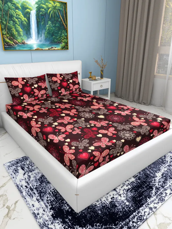 Vkom_Cotton_King_Fitted_(Elastic)_244_Tc_Printed_1_Bedsheet_(Maroon_Butterfly)