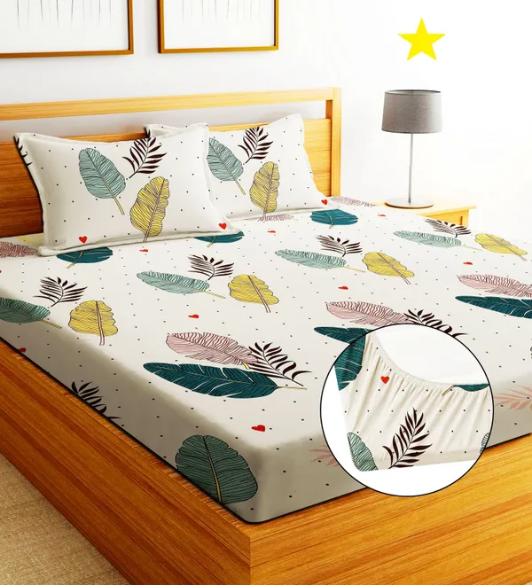 Vkom_Cotton_Double_Fitted_(Elastic)_244_Tc_Floral_1_Bedsheet_With_2_Pillow_Covers_(White,_Green,_Yellow)