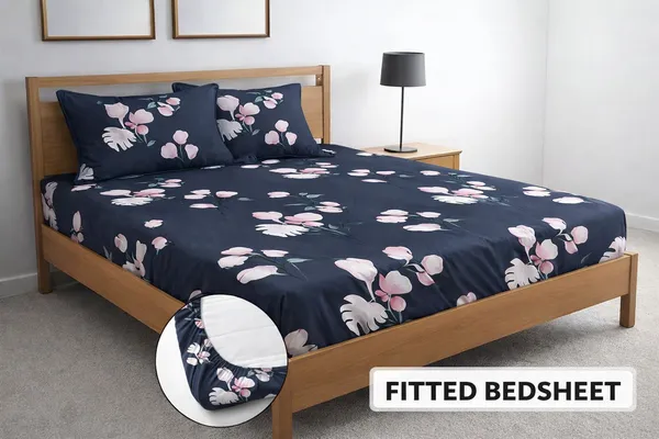 Kansal_Handloom_Cotton_Double_Fitted_(Elastic)_280_Tc_Floral_1_Summer_Bedsheet_With_2_Pillow_Covers_(Grey)