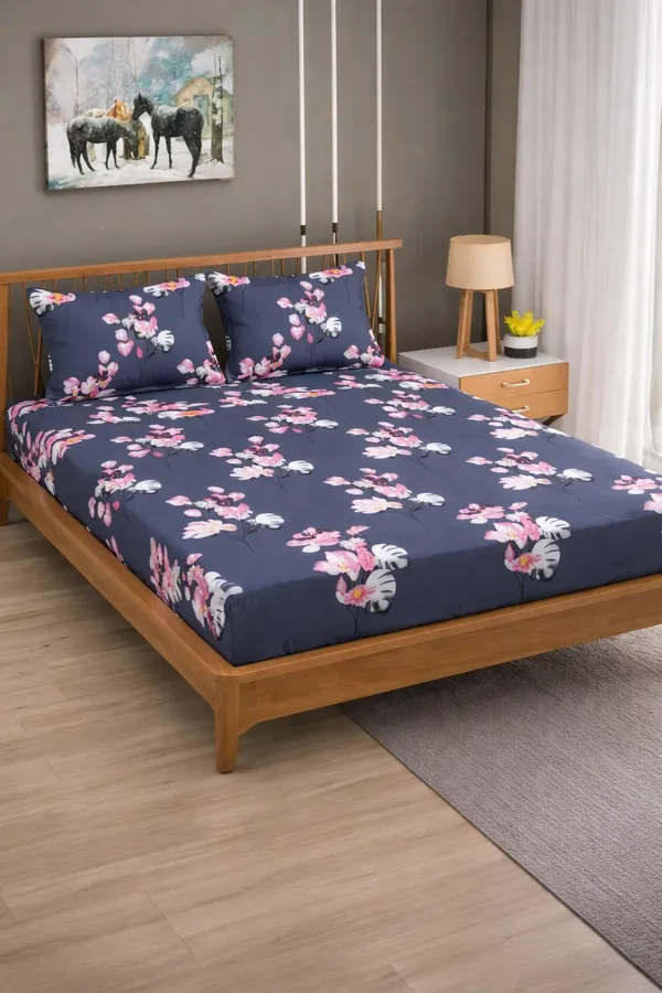 Kansal_Handloom_Cotton_Double_Fitted_(Elastic)_280_Tc_Floral_1_Summer_Bedsheet_With_2_Pillow_Covers_(Grey)