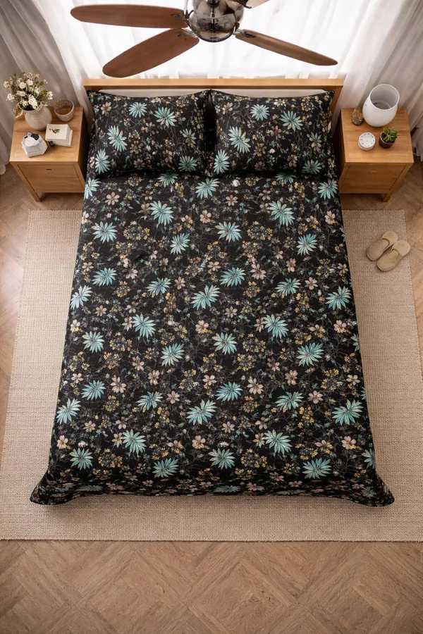 Kansal_Handloom_Cotton_Double_Fitted_(Elastic)_280_Tc_Floral_1_Summer_Bedsheet_With_2_Pillow_Covers_(Multicolor)