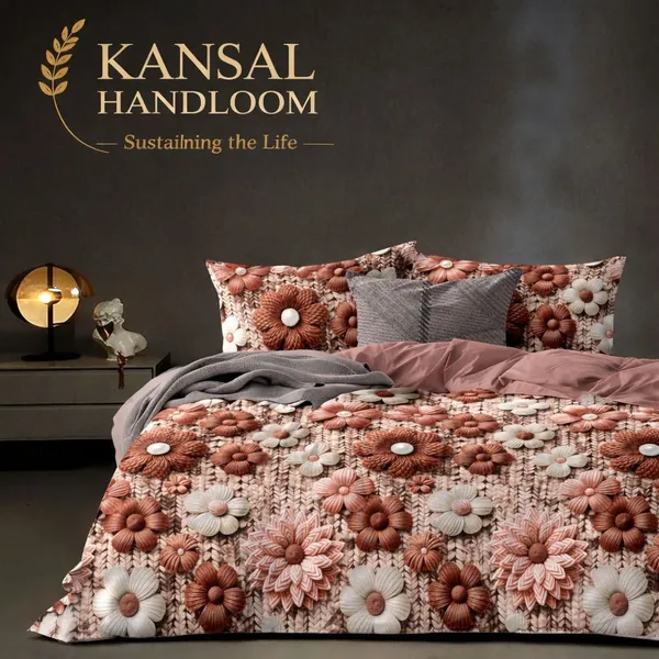 Kansal_Handloom_Cotton_Double,_King,_Queen_Fitted_(Elastic)_400_Tc_Floral_1_Summer_Bedsheet_With_2_Pillow_Covers_(Peach)