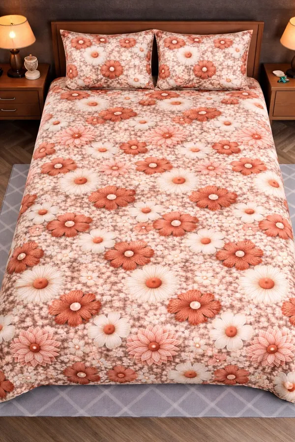 Kansal_Handloom_Cotton_Double,_King,_Queen_Fitted_(Elastic)_400_Tc_Floral_1_Summer_Bedsheet_With_2_Pillow_Covers_(Peach)