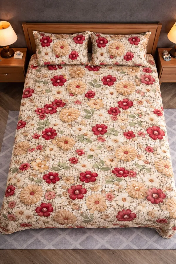 Kansal_Handloom_Cotton_Double,_King,_Queen_Fitted_(Elastic)_400_Tc_Floral_1_Summer_Bedsheet_With_2_Pillow_Covers_(Multicolor)