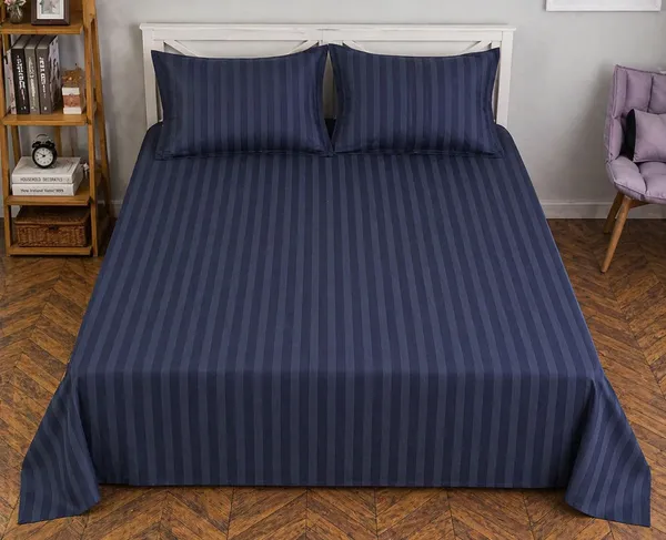 Kansal_Handloom_Satin_Queen_Flat_280_Tc_Striped_1_Summer_Bedsheet_With_2_Pillow_Covers_(Blue)