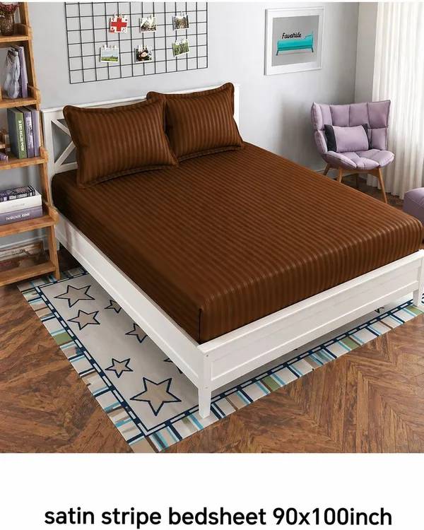 Kansal_Handloom_Satin_Queen_Flat_280_Tc_Striped_1_Summer_Bedsheet_With_2_Pillow_Covers_(Coffee)