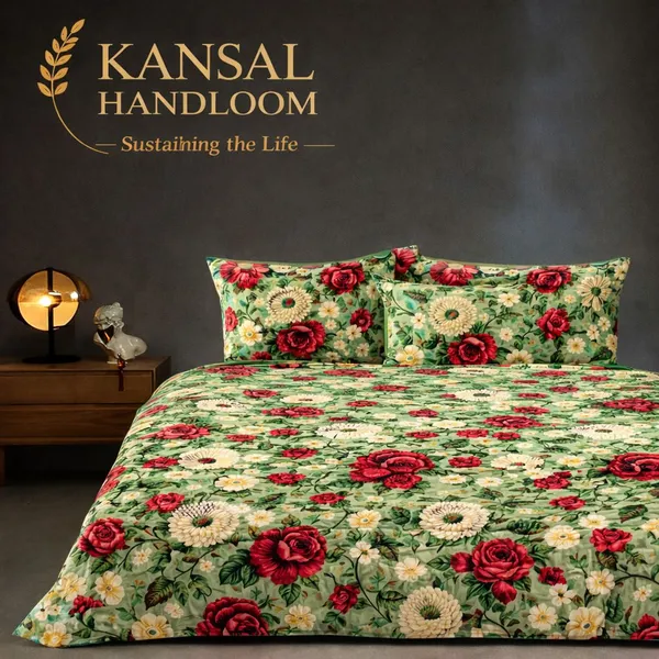 Kansal_Handloom_Cotton_King_Flat_400_Tc_Floral_1_Summer_Bedsheet_With_2_Pillow_Covers_(Green)