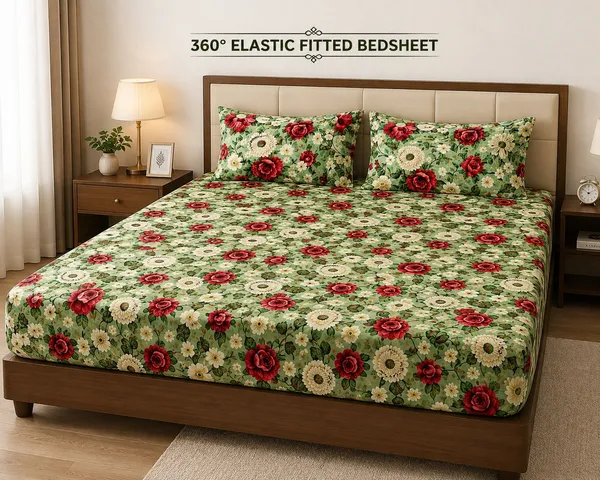 Royal_Looms_Cotton_King_Fitted_(Elastic)_350_Tc_Floral_1_Summer_Bedsheet_With_2_Pillow_Covers_(Green)