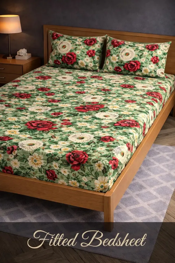 Royal_Looms_Cotton_King_Fitted_(Elastic)_350_Tc_Floral_1_Summer_Bedsheet_With_2_Pillow_Covers_(Green)