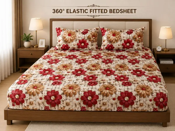 Royal_Looms_Cotton_King_Fitted_(Elastic)_350_Tc_Floral_1_Summer_Bedsheet_With_2_Pillow_Covers_(Red)