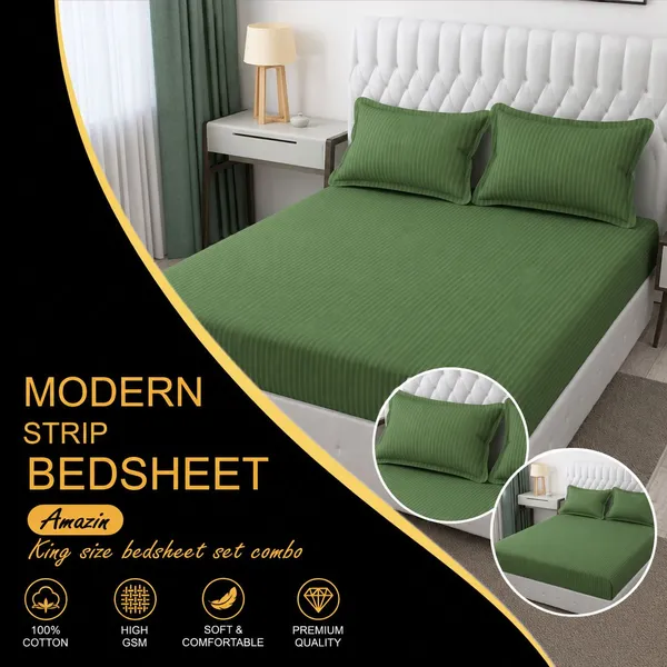 Royal_Looms_Cotton_King_Flat_300_Tc_Striped_1_Summer_Bedsheet_With_2_Pillow_Covers_(Green)