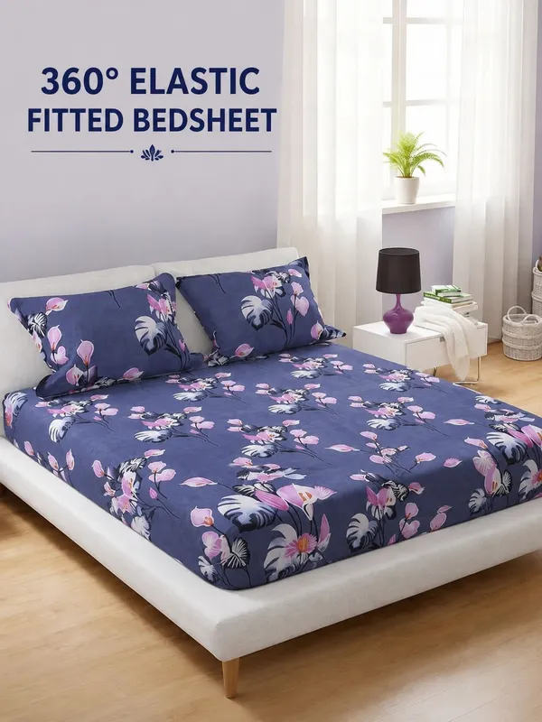 Royal_Looms_Cotton_Double_Fitted_(Elastic)_240_Tc_Floral_1_Summer_Bedsheet_With_2_Pillow_Covers_(Grey)