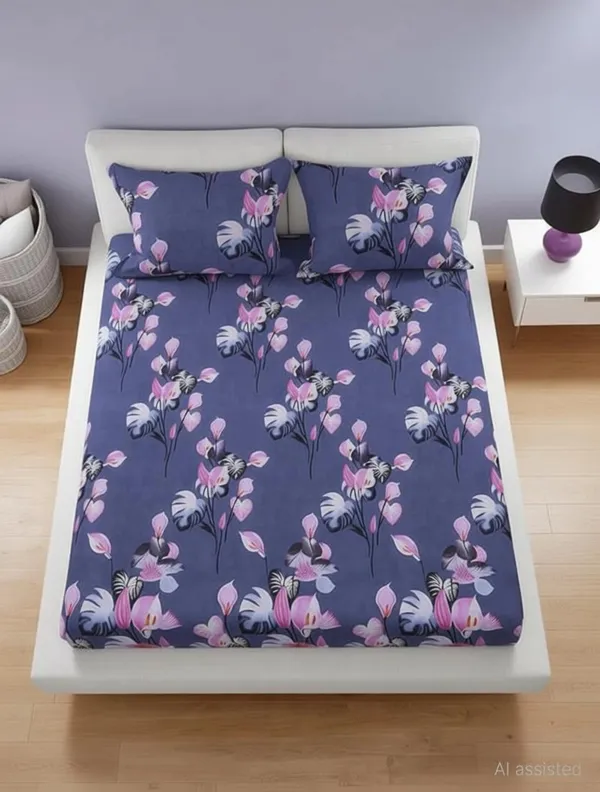 Royal_Looms_Cotton_Double_Fitted_(Elastic)_240_Tc_Floral_1_Summer_Bedsheet_With_2_Pillow_Covers_(Grey)