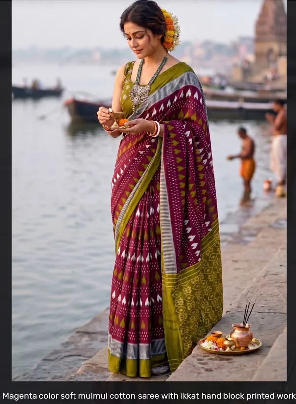 Magenta_Mulmul_Cotton_Ikkat_Saree_For_Women