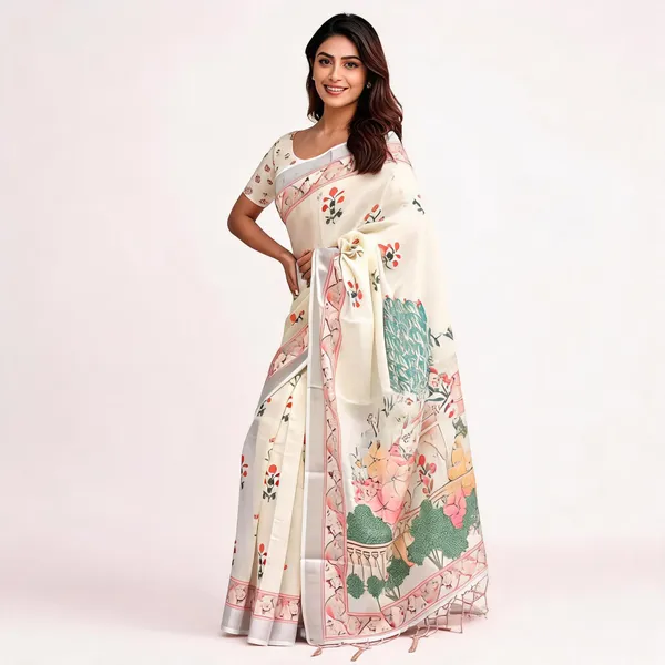 Cream_Mulmul_Cotton_Floral_Print_Saree_For_Women