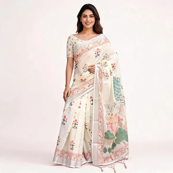Cream_Mulmul_Cotton_Floral_Print_Saree_For_Women