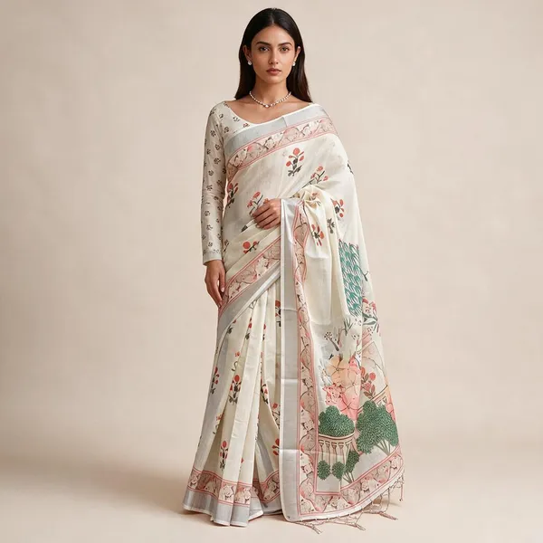 Cream_Mulmul_Cotton_Floral_Print_Saree_For_Women
